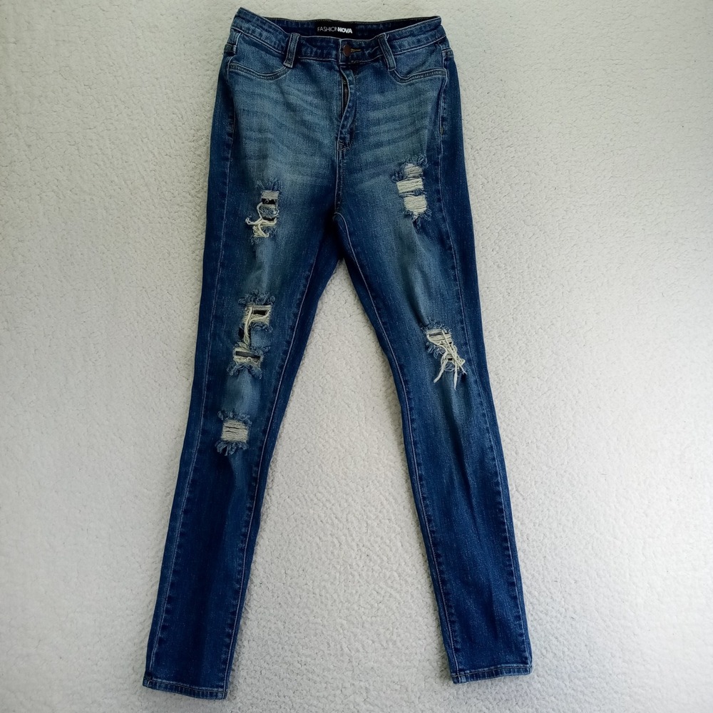 Fashion Nova High Rise Distressed Skinny Jeans Medium Wash Blue AP40528 Size 9